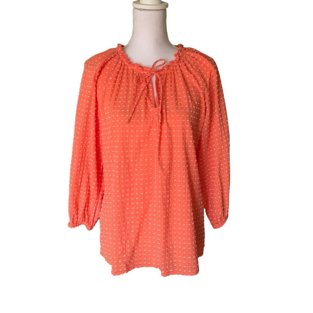 LOFT Orange Textured Cotton Peasant Blouse Women’s M Tie Neck Long Sleeve